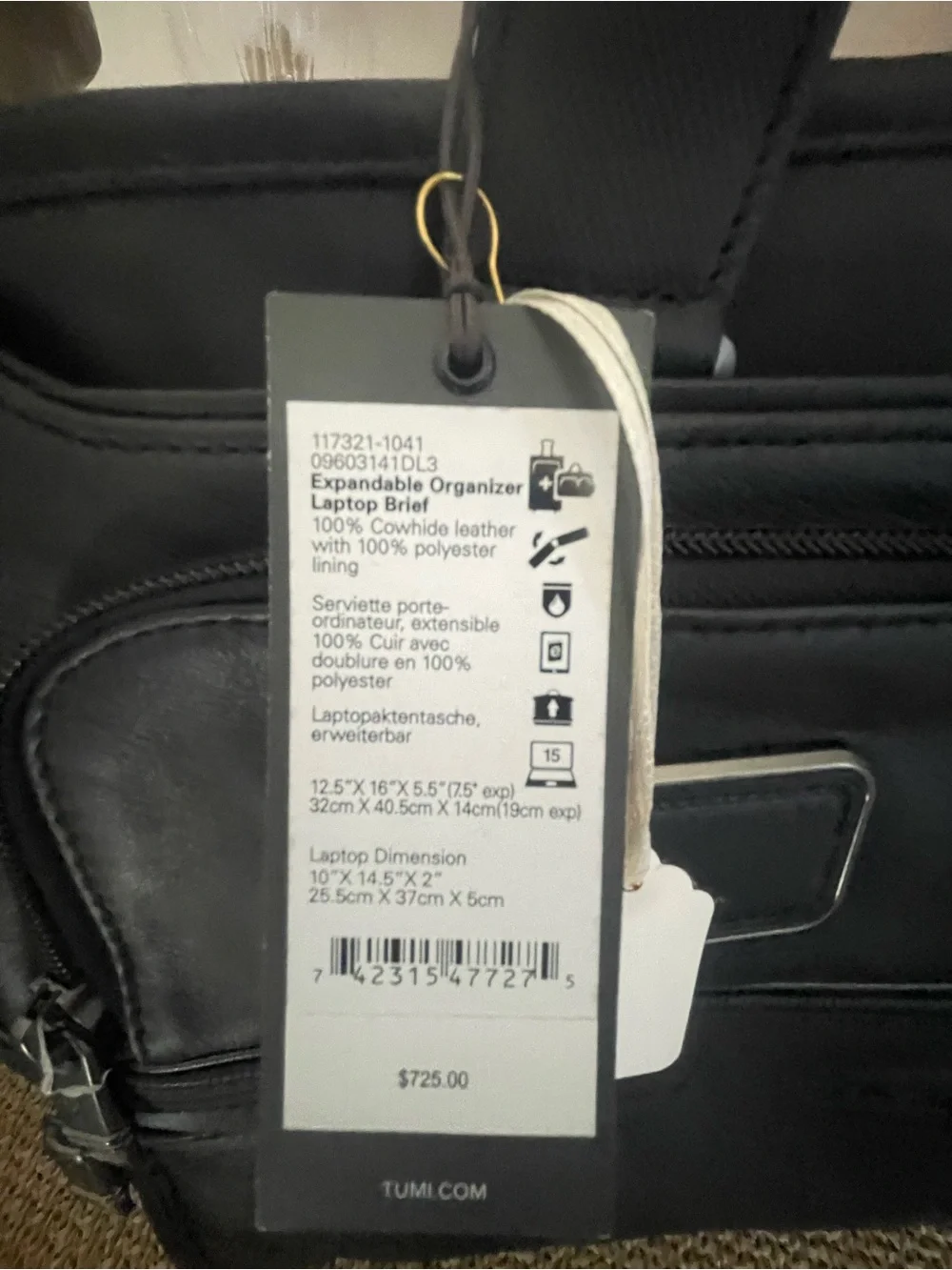 Tumi Black Leather Laptop Briefcase with Front Zip Pockets